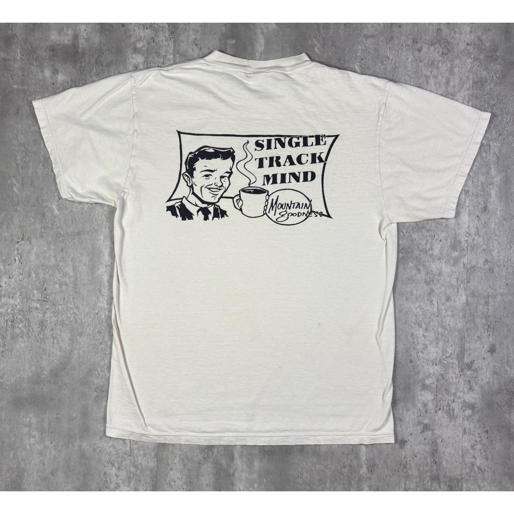 Vintage 90s Tultex Single Track Mind Coffee Promo Art T Shirt White Mens Size M